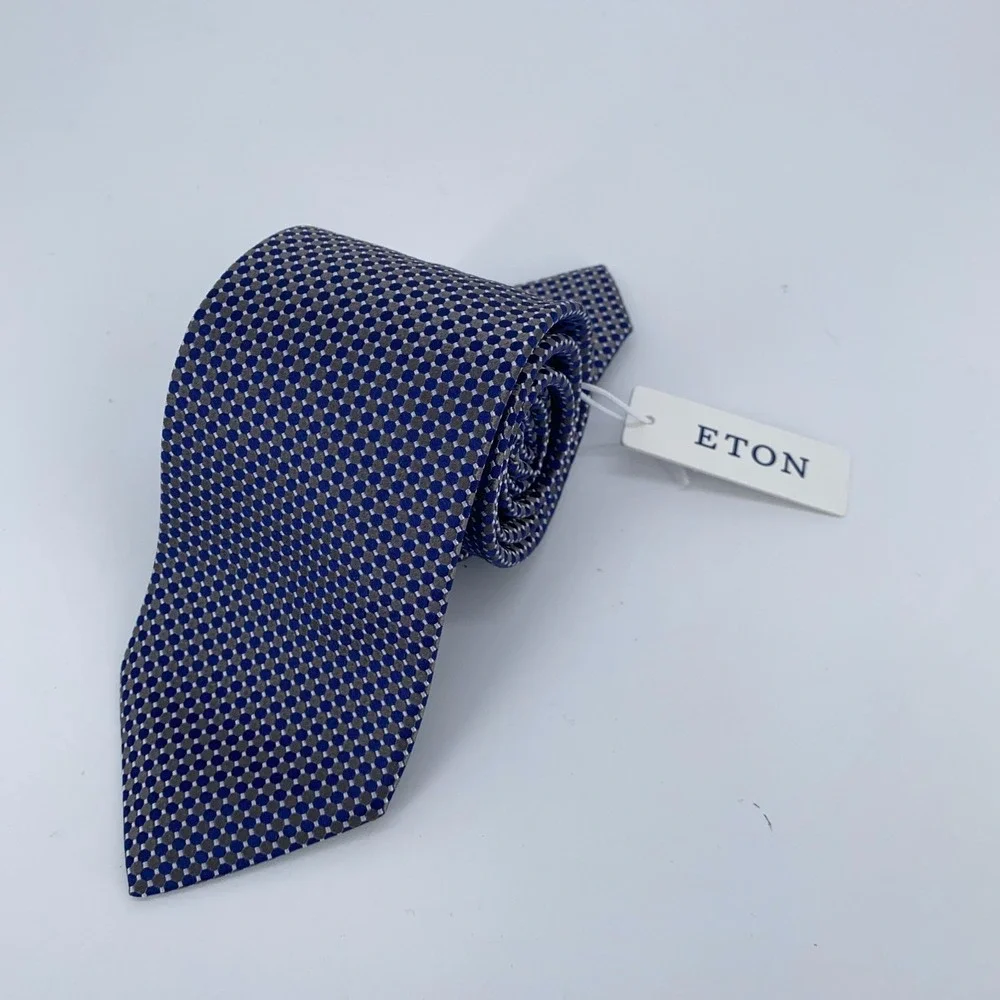 Eton Tie Men One Size Blue Brown Polka Dots Silk Luxury Necktie England Made NWT